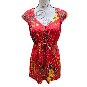 Cabi -637 Women's Floral Blouse V-Neck Short Sleeve Red Yellow Top Size‎ Small
